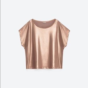 Zara cropped metallic shirt in blush/champagne.